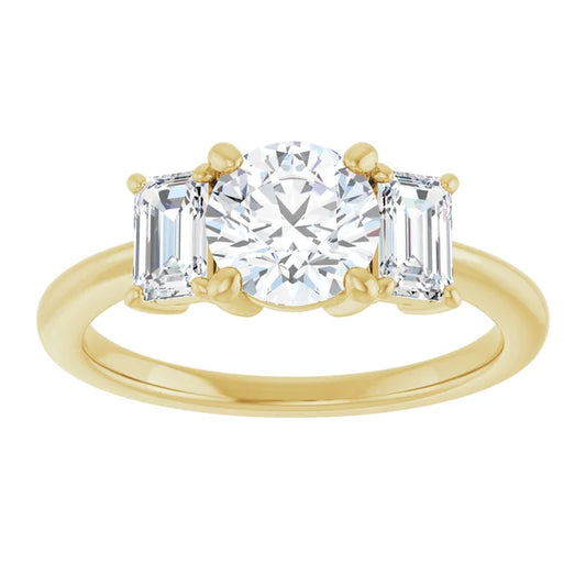 Round and emerald three stones Diamond engagement Ring for women yellow gold