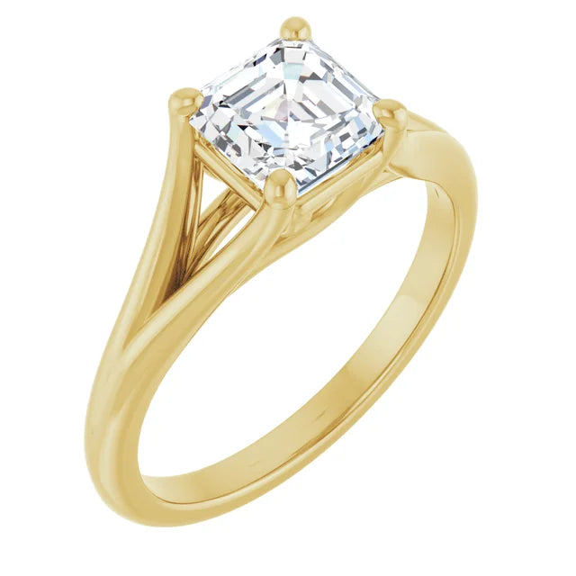 1 CT Split Shank Asscher Cut Diamond Engagement Ring for Women yellow gold sideway picture showing diamond in the center 