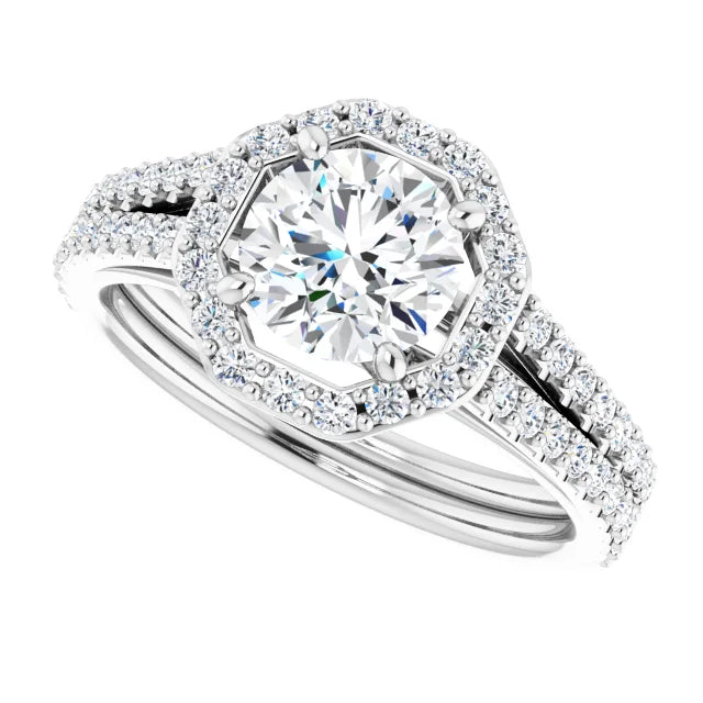 Dual shank Halo Style Lab Grown Diamond Engagement Ring on White Gold Side Picture Showing Details 