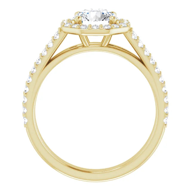 Dual shank Halo Style Lab Grown Diamond Engagement Ring on Yellow Gold Standing picture 