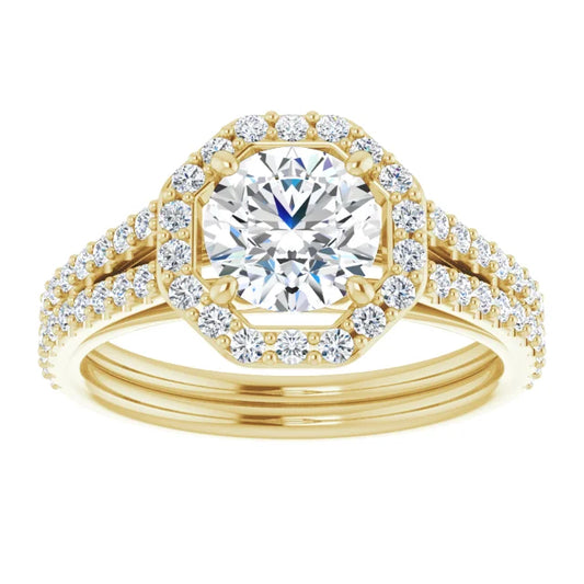 Dual shank Halo Style Lab Grown Diamond Engagement Ring on Yellow Gold