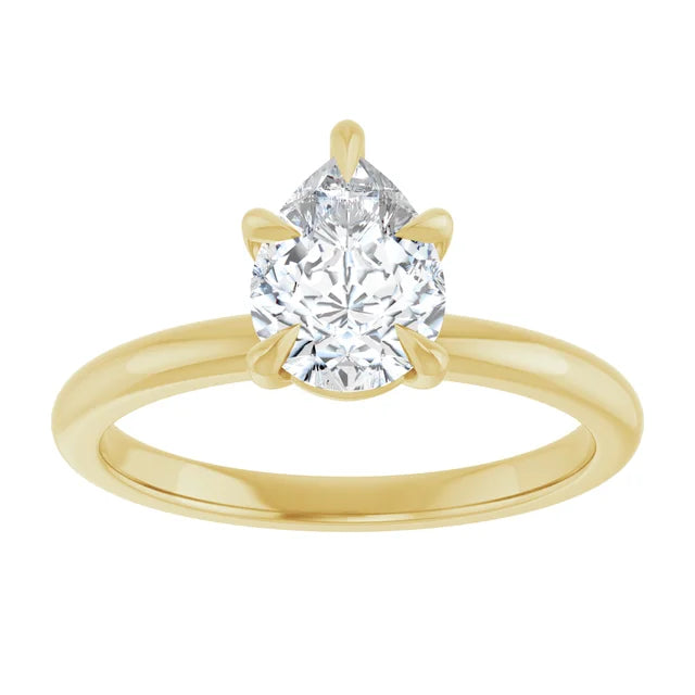 1 CT Pear Shape Solitaire Diamond Engagement Ring yellow gold showing prongs and center stone 