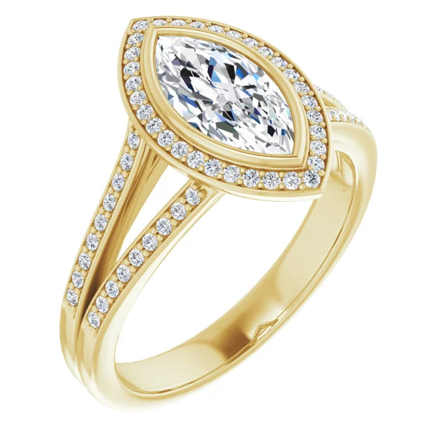 Split Shank Bezel Set Marquise Engagement Ring for women on Yellow gold sideway picture showing center stone 