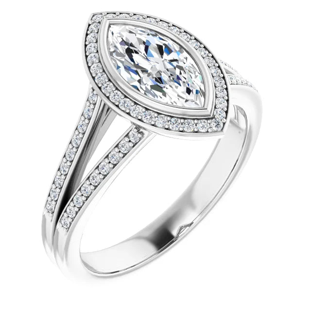 Split Shank Bezel Set Marquise Engagement Ring for women on white gold sideway picture 