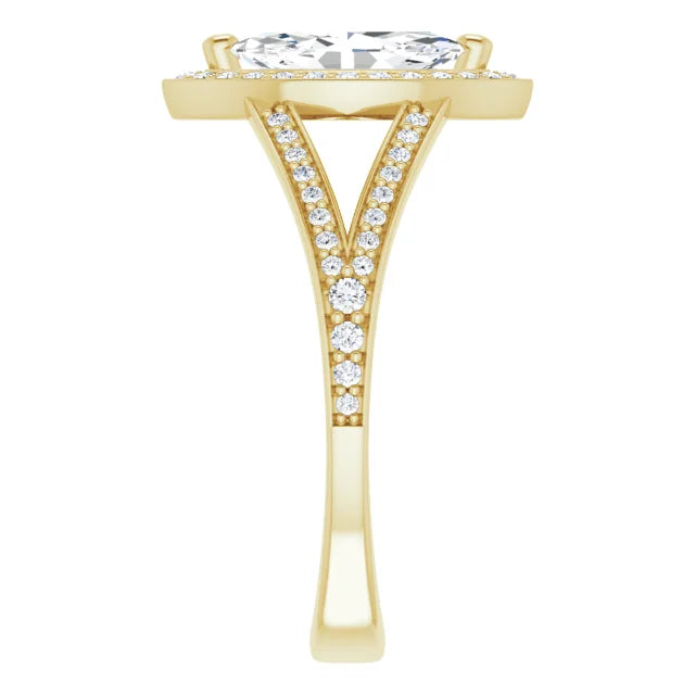 Split Shank Marquise Engagement Ring for women on yellow gold showing diamond on the shank 