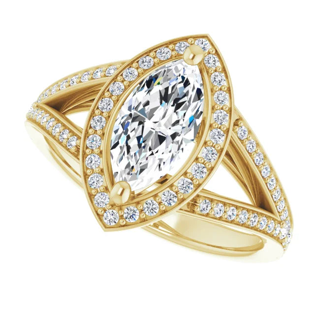 Split Shank Marquise Engagement Ring for women yellow gold sideway picture showing center stone 