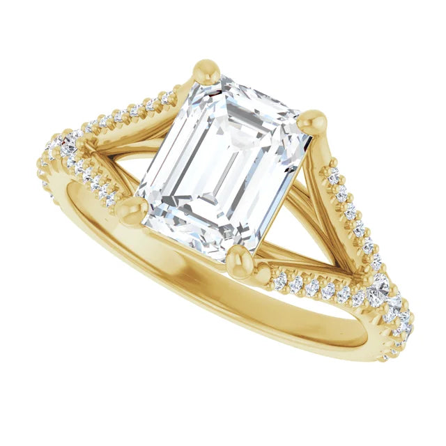 2 CT Split Shank Emerald Cut Diamond solitaire Engagement Ring for women on yellow gold sideway picture showing shank and center stone 