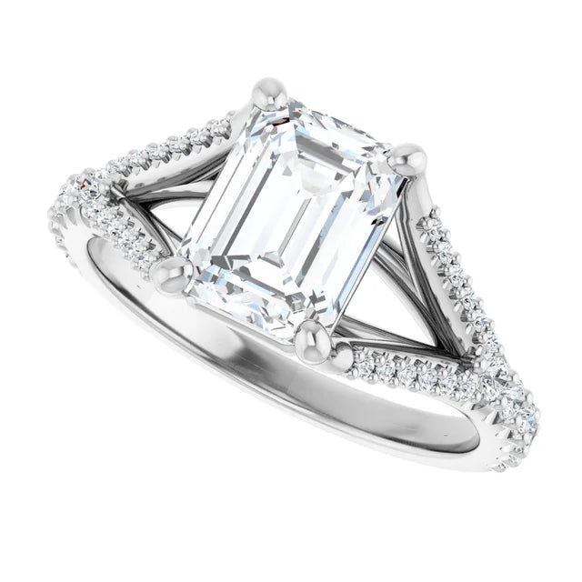 2 CT Split Shank Emerald Cut Diamond solitaire Engagement Ring for women on White gold sideway picture showing diamond on the shank and center stone 