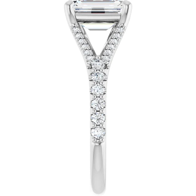 2 CT Split Shank Emerald Cut Diamond solitaire Engagement Ring for women on white gold showing diamond on shank