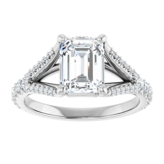 2 CT Split Shank Emerald Cut Diamond solitaire Engagement Ring for women on White gold showing center stone 