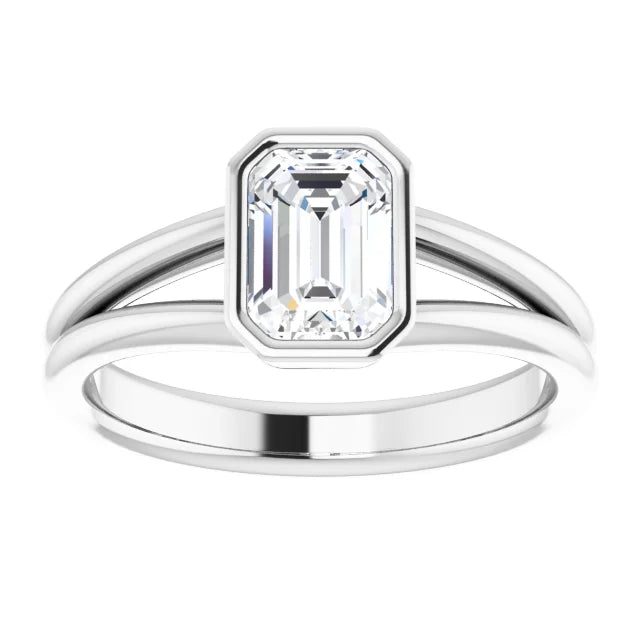 1 CT Bezel Set Emerald Cut Lab Grown Diamond Solitaire Engagement Ring For Women on white gold showing center stone 