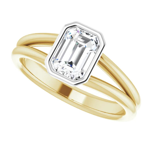 1 CT Bezel Set Emerald Cut Lab Grown Diamond Solitaire Engagement Ring For Women on Yellow and White gold