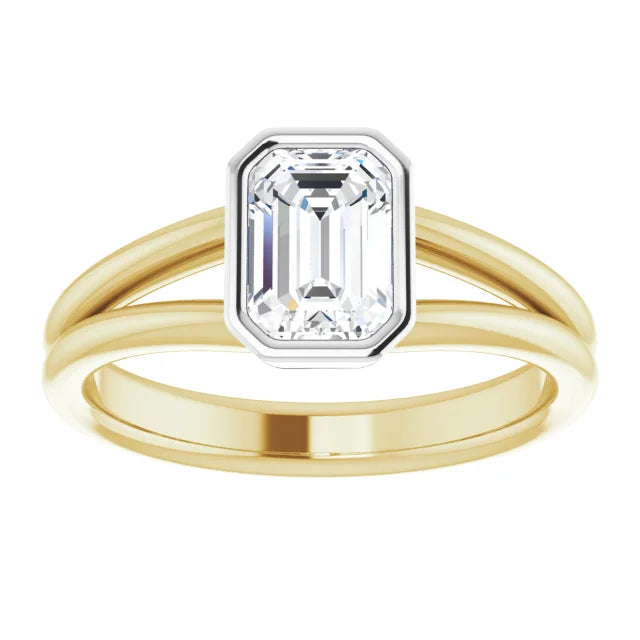 1 ct Bezel Set Emerald Cut Lab Grown Diamond Solitaire Engagement Ring For Women on yellow and white gold showing center stone 