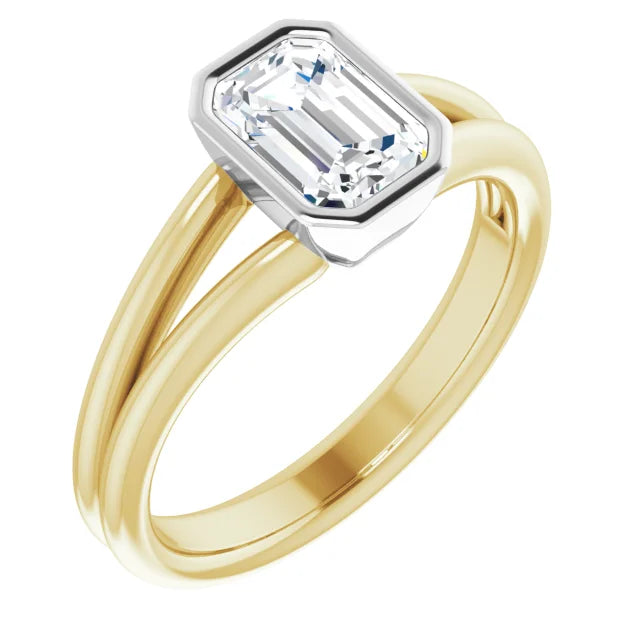 1 CT Bezel Set Emerald Cut Lab Grown Diamond Solitaire Engagement Ring For Women yellow and white gold sideway picture showing center stone 