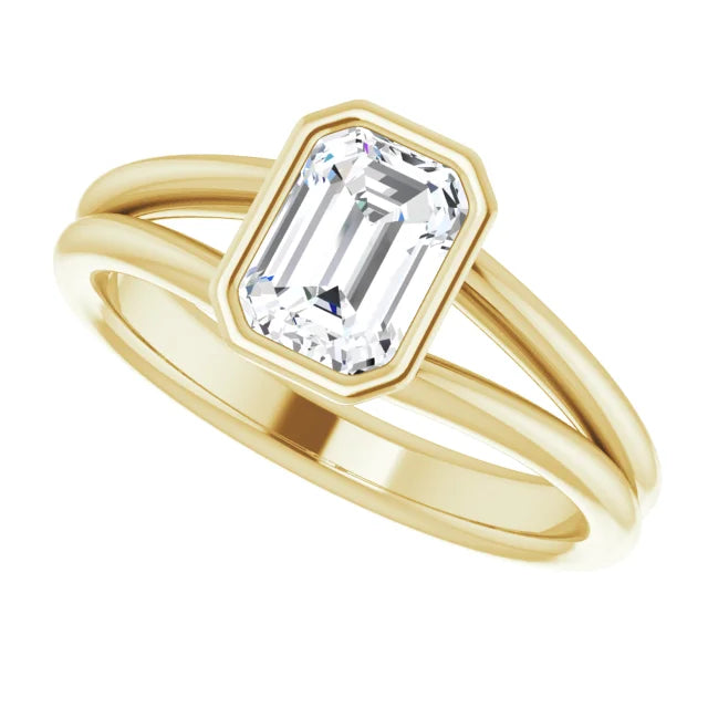 1 CT Bezel Set Emerald Cut Lab Grown Diamond Solitaire Engagement Ring For Women on yellow gold sideway picture showing shank and center stone 