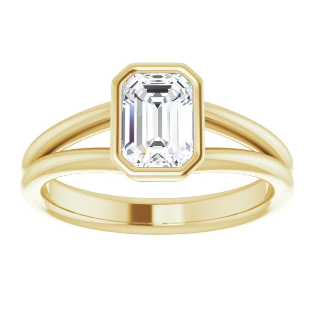 1 CT Bezel Set Emerald Cut Lab Grown Diamond Solitaire Engagement Ring For Women on yellow gold showing center stone 