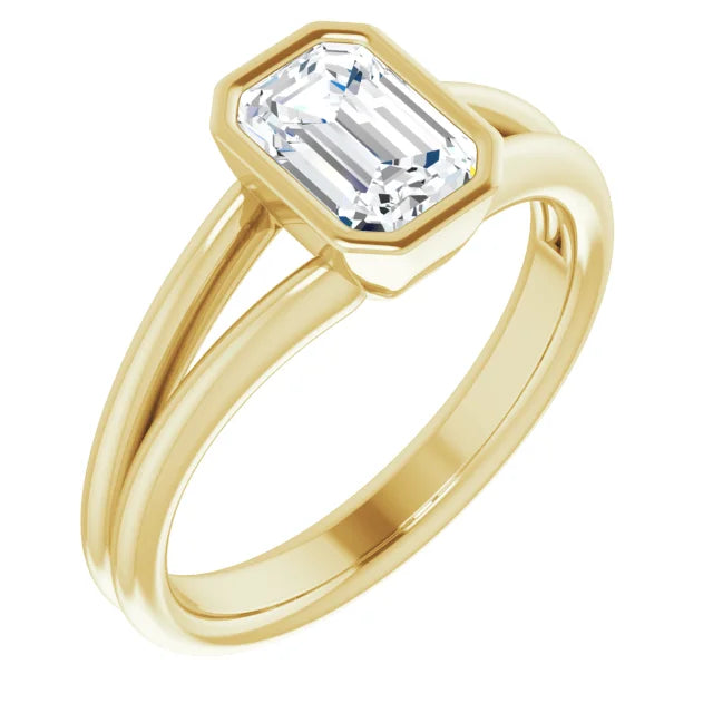 Bezel Set Emerald Cut Lab Grown Diamond Solitaire Engagement Ring For Women on Yellow gold 