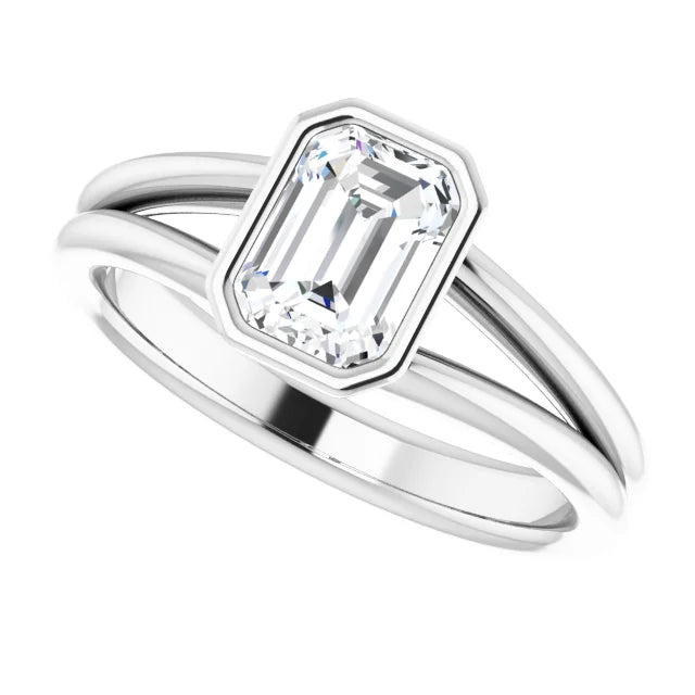 1 CT Bezel Set Emerald Cut Lab Grown Diamond Solitaire Engagement Ring For Women on White gold sideway picture showing center stone 