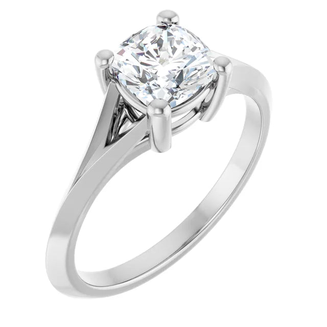 1 CT cushion cut solitaire diamond engagement ring for women on white gold showing split shank 