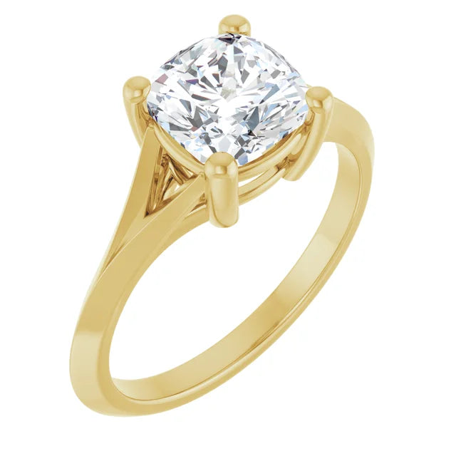 2 CT cushion cut solitaire diamond engagement ring for women on Yellow gold sideway picture showing center stone