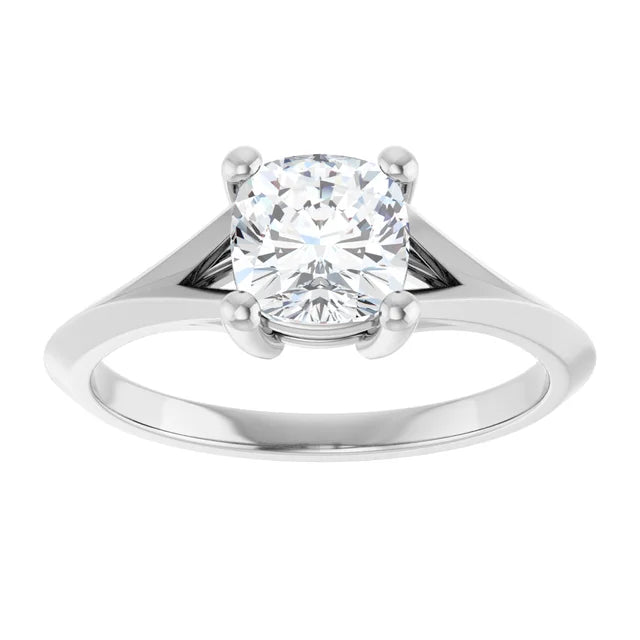 1 CT cushion cut solitaire diamond engagement ring for women on white gold showing center stone and split shank