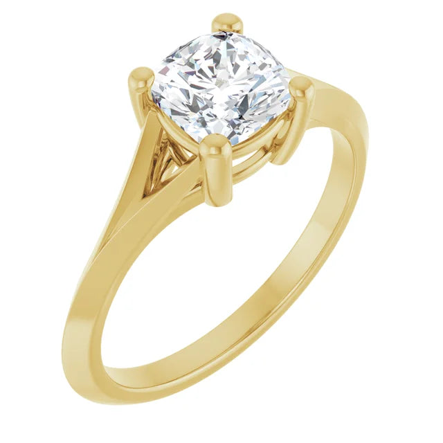 1 CT cushion cut solitaire diamond engagement ring for women on yellow gold showing shank and center stone from the side 