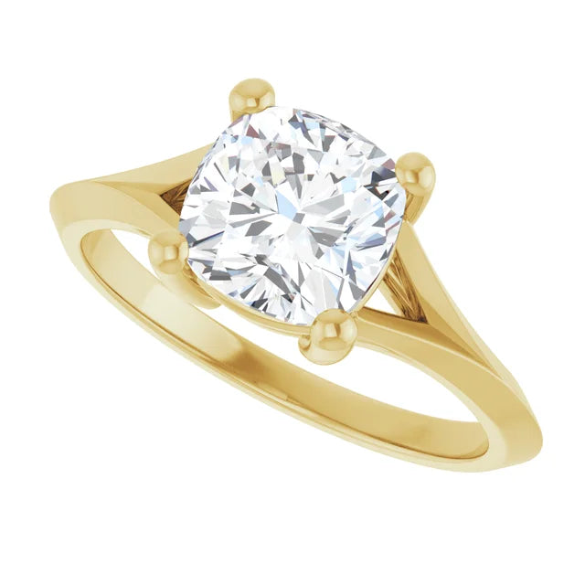 2 CT cushion cut solitaire diamond engagement ring for women on yellow gold showing split shank and cushion center stone 