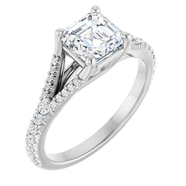 1 CT Accented Shank Assher Cut Diamond engagement Ring for Women white gold sideway picture showing diamond on shank and Center stone 