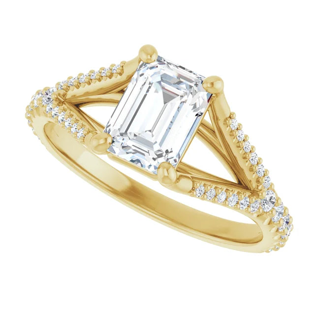 1 CT Split Shank Emerald Cut Diamond solitaire Engagement Ring for women on Yellow gold sideway picture showing shank and center stone 