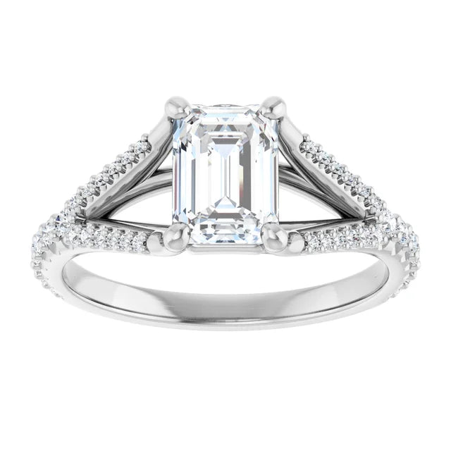 1 CT Split Shank Emerald Cut Diamond solitaire Engagement Ring for women on White gold showing center stone and diamond on shank 