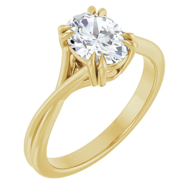 8 Prong oval shape solitaire diamond engagement ring on Yellow gold side way picture showing center stone 