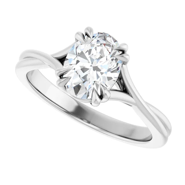 8 Prong oval shape diamond engagement ring  on white gold side picture showing center stone 