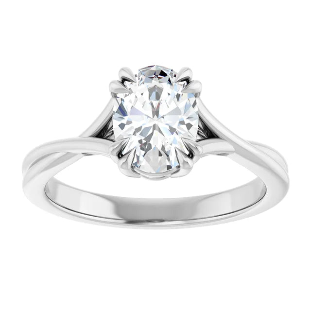 8 Prong oval shape diamond engagement ring on White gold showing center stone 