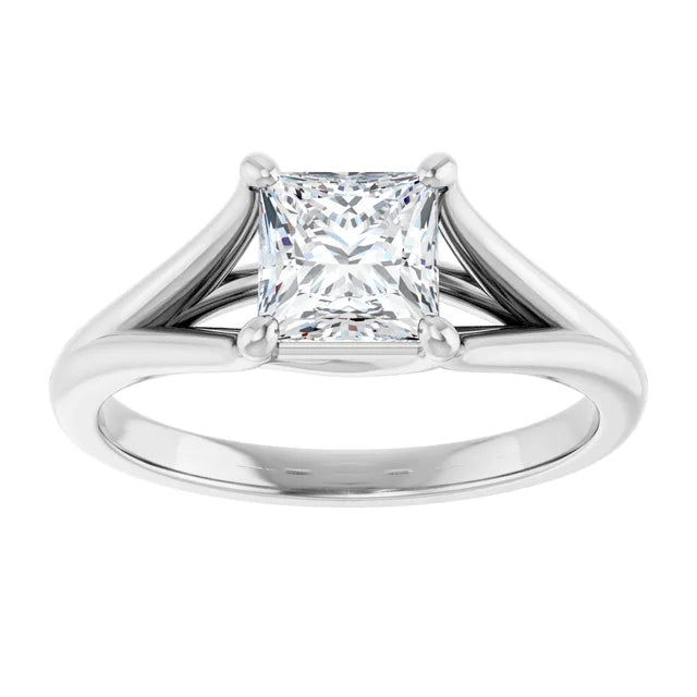 Split Shank Lab Created Princess Cut Diamond Engagement Ring on White gold showing center stone 