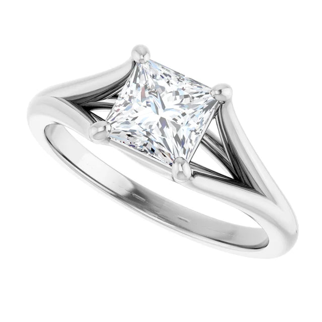 Split Shank Lab Created Princess Cut Diamond Engagement Ring on White gold showing center stone 