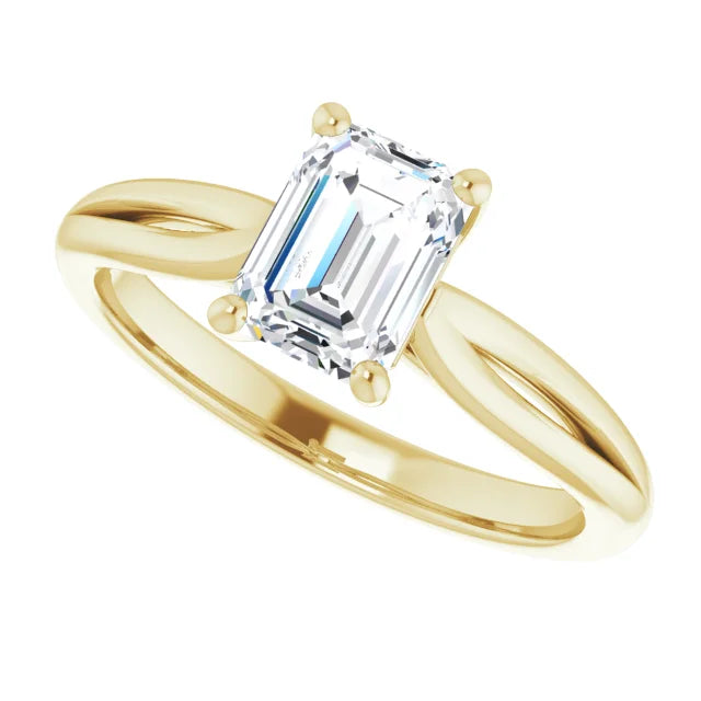 1 CT Split Shank Emerald Cut Diamond Solitaire Engagement for Women on yellow gold sideway picture showing shank and center stone 