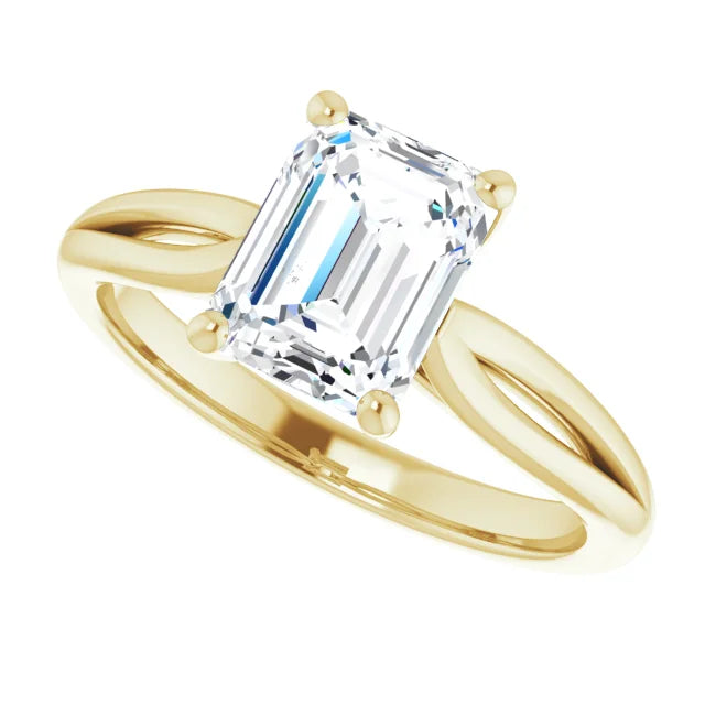 2 CT Split Shank Emerald Cut Diamond Solitaire Engagement for Women on Yellow Gold sideways Picture showing Center Stone 