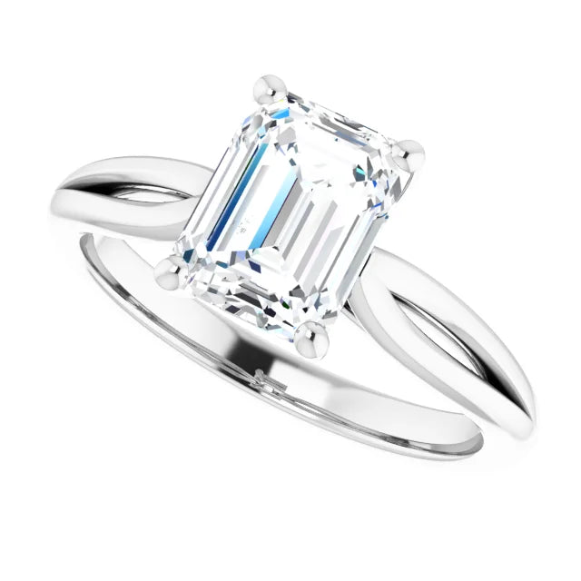 2 CTW Split Shank Emerald Cut Diamond Solitaire Engagement for Women on White gold sideway picture showing center stone 