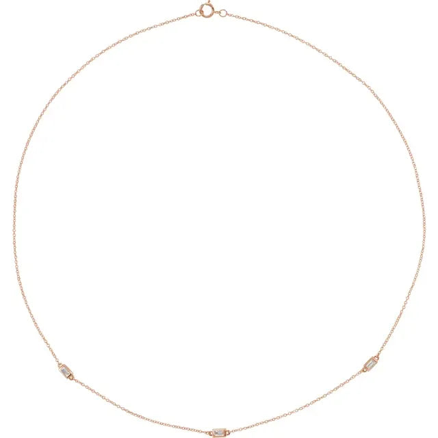 Straight Baguette Natural Diamond Station Necklace on rose gold