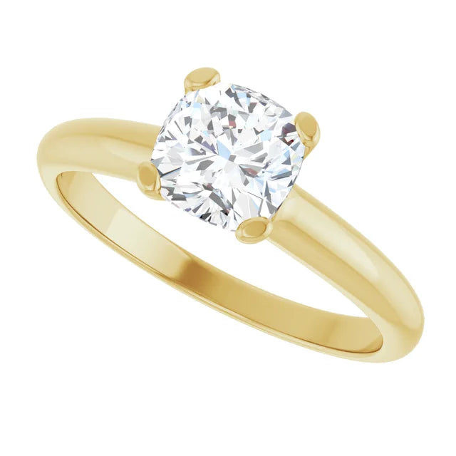 Cushion cut diamond solitaire engagement ring for women on yellow gold sideway picture 