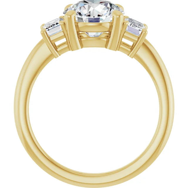 2 1/5 CT Round and emerald three stones Diamond engagement Ring for women in Yellow gold