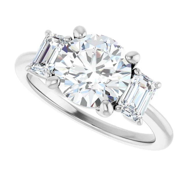 2.5 CT Round and emerald three stones Diamond engagement Ring for women in white gold