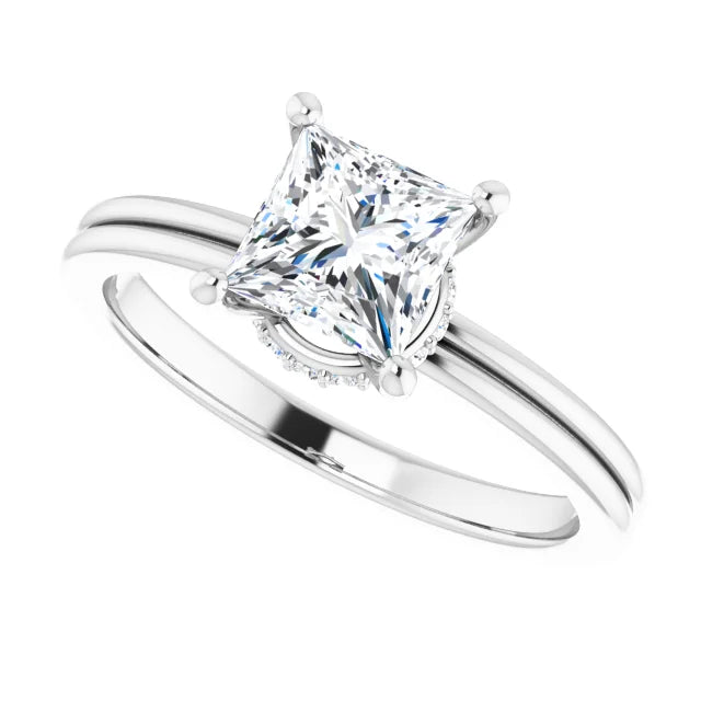 lab created princess cut Diamond Engagement Ring on White Gold showing details 