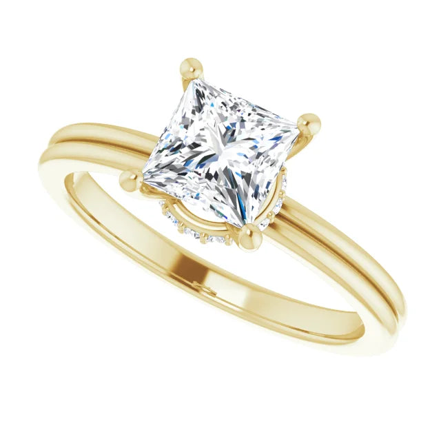 lab created princess cut Diamond Engagement Ring on yellow gold showing center stone 