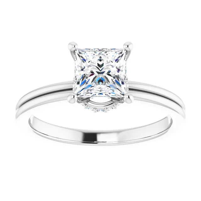 lab created princess cut Diamond Engagement Ring on White gold showing details 