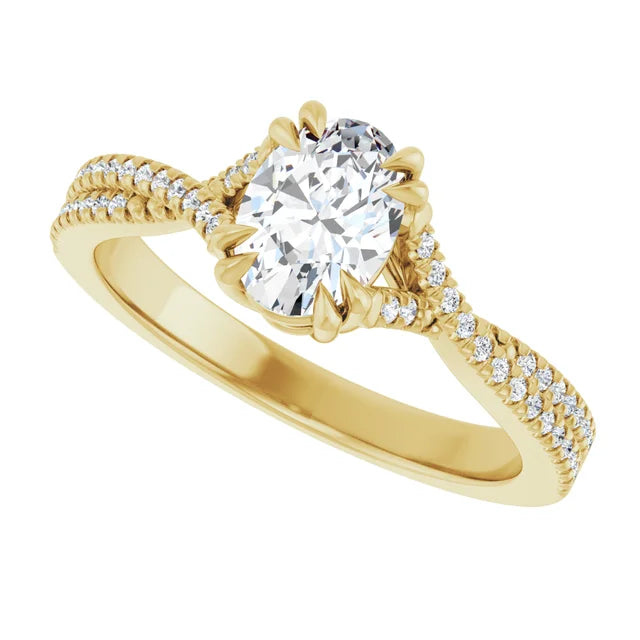 Assented Shank Oval Shape solitaire Diamond Engagement Ring on Yellow gold sideway picture showing center stone 