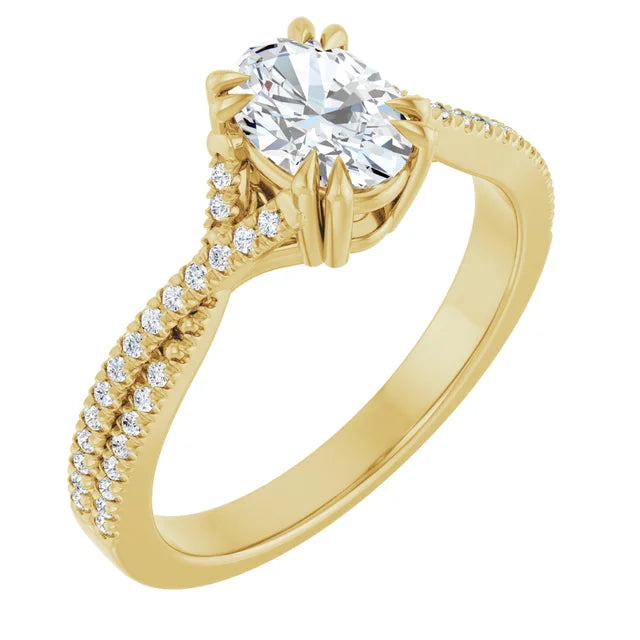 Assented Shank Oval Shape solitaire Diamond Engagement Ring on Yellow gold sideway picture showing center stone 