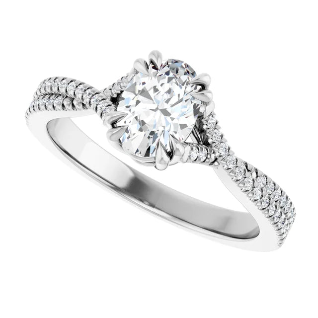 Assented Shank Oval Shape solitaire Diamond Engagement Ring on white gold 