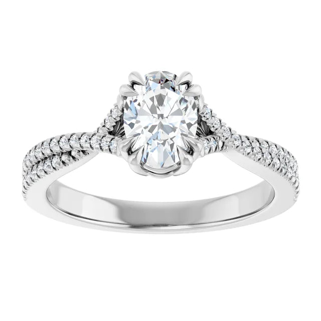 Assented Shank Oval Shape solitaire Diamond Engagement Ring on White gold showing center stone 