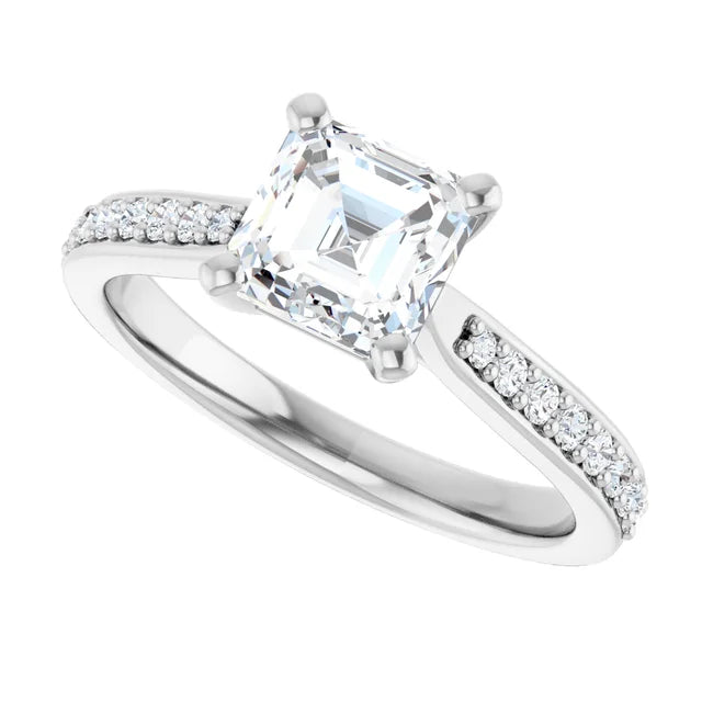 1 CT Accented Shank Asscher Diamond engagement Ring for women white gold sideway picture showing center stone 